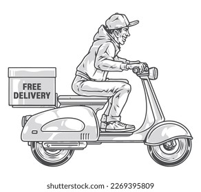Deliveryman at scooter monochrome emblem with guy who works in courier business transporting orders to door vector illustration