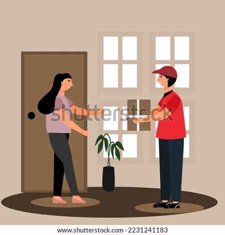 Deliveryman send packages to customer at home. Customer recieve packages from deliver at apartment ilustration character vector art.