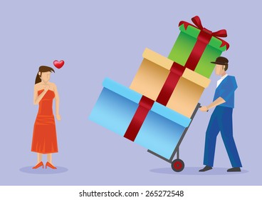 Deliveryman using trolley to deliver presents in big gift boxes to beautiful woman in sexy red strapless dress and matching shoes. Vector illustration isolated on plain purple background.