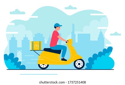 Ilustración vectorial de Deliveryman. Corredor rápido llano de caricatura, moto de conducción de carteles, entrega caja de paquetes en envío expreso a la dirección de casa. Servicio de entrega rápida aislado en blanco