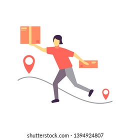 Deliveryman vector illustration. 
A man with boxes in his hands runs the distance. Free shipping. Geolocation. 