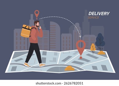 Deliveryman walking on giant city map. Caucasian male character fast shipping parcel. Courier with backpack and cellphone on urban background. Delivery service, shipment. Cartoon vector illustration