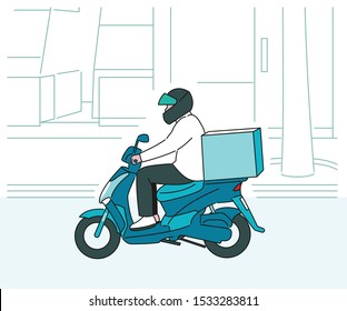 A deliveryman is wearing a helmet and riding on a motorcycle. hand drawn style vector design illustrations. 