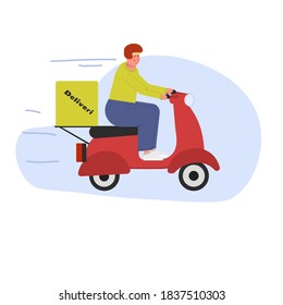 Deliveryman. A young European on a scooter delivers courier orders. Fast food delivery service. Flat vector illustration