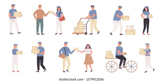 Deliverymen and addressees flat vector illustrations set. Parcel delivery, shipping service. People with mailings, couriers and consignees cartoon characters bundle isolated on white background.