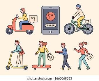 Deliverymen characters deliver food with various vehicles. flat design style minimal vector illustration.