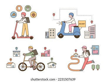 Lieferanten, die auf verschiedene Arten liefern. Motorroller, Fahrrad, Fahrrad, Wandern. flache Vektorgrafik.