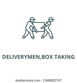 Deliverymen,box taking line icon, vector. Deliverymen,box taking outline sign, concept symbol, flat illustration