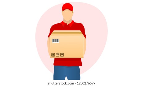 deliverz man in red uniform lending package flat style illustration