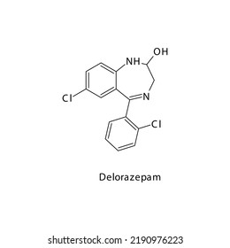 Delorazepam molecule flat skeletal structure, Benzodiazepine class drug used as Anxiolytic, anticonvulsant, sedative, hypnotic agent. Vector illustration on white background.