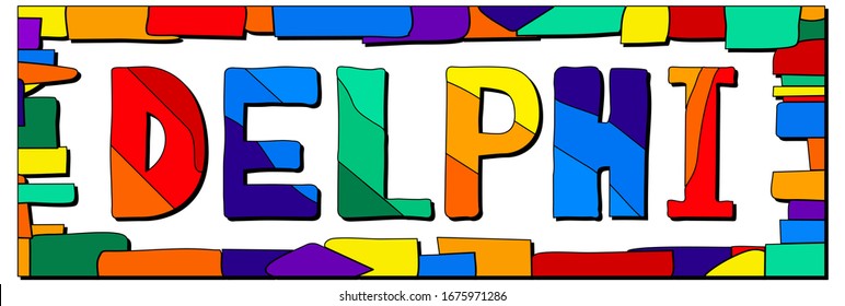 Delphi. Multicolored bright funny cartoon isolated inscription. Colorful letters in frame. Greek Athens for prints on clothing, t-shirt, bag, banner, sticker; flyer, card, souvenir. Stock vector image