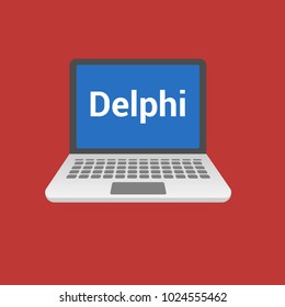 Delphi programming language. Laptop flat design on red background