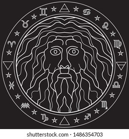 Delphic oracle, male prophet and clairvoyant. Round white picture on a black background.