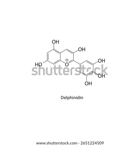 Delphinidin skeletal structure. Anthocyanin compound schematic illustration. Simple diagram, chemical formula.