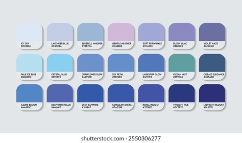 Delphinium Flower Color Palette, Delphinium Flower Color Guide Palette mit Farbnamen. Katalog Muster von Delphinium Farben mit RGB HEX Codes. Kunststoff lila Farbe, Mode Trend Blau Farbtöne