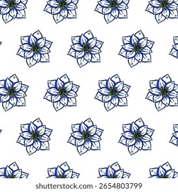 Flor de Delfinio Padrão sem emenda Mão desenhada vetor linha arte, Preto e azul Flor isolado em branco. Design bonito para têxtil, papel de parede, papel de embrulho