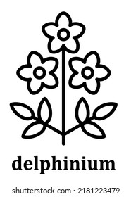 Delphinium-Vektorlinesymbol. Blütenblätterlinie Delphinium und Ast mit Blättern. Einfache minimale lineare Darstellung für mobiles Konzept, Webdesign und mehr. Pixel perfekte Vektorgrafiken.