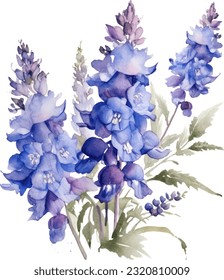 Delphinium Aquarell-Illustration. Handgezeichnet Unterwasserelement-Design. Künstlerische Vektorgrafik-Design-Element. Illustration für Grußkarten, Druck und andere Design-Projekte.