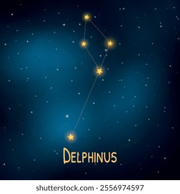 Delphinus constellation in the night sky with stars and blue background.