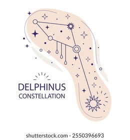 Delphinus or dolphin constellation of stars of the northern hemisphere on a white background. Mystical esoteric boho design for fabric design, tarot, astrology, wrapping paper. Vector illustration.