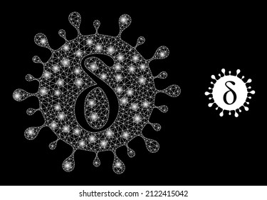 Delta Covid Virus Icon And Bright Mesh Delta Covid Virus Structure With Magic Spots. Illuminated Model Is Done Using Delta Covid Virus Vector Icon And Triangle Mesh.