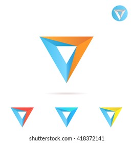 Letra delta con flecha, forma triangular, variaciones de color, ilustración 3d, icono vectorial en fondo blanco, pasos 10