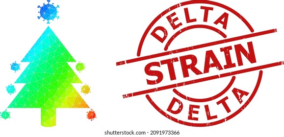 Delta Strain dirty stamp, and low-poly spectral colored coronavirus fir-tree icon with gradient. Red stamp contains Delta Strain text inside round and lines shape.