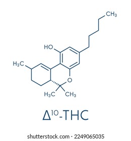 Delta-10-Tetrahydrocannabinol (D10-THC)-Molekül. Isomer des Delta-9-THC. Skelettformel.