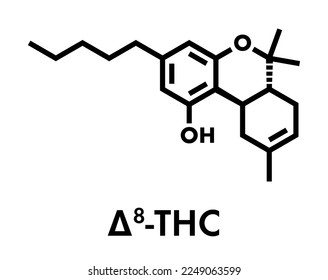 Delta-8-Tetrahydrocannabinol (D8-THC)-Molekül. Isomer des Delta-9-THC. Skelettformel.