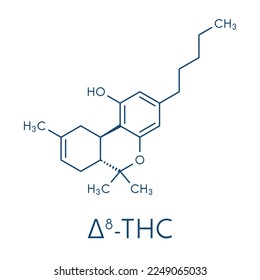 Delta-8-Tetrahydrocannabinol (D8-THC)-Molekül. Isomer des Delta-9-THC. Skelettformel.