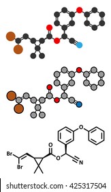 Deltamethrin insecticide molecule (synthetic pyrethroid). Stylized 2D renderings and conventional skeletal formula.