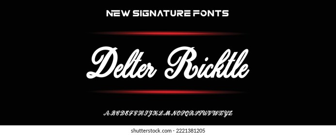 Delter Ricktle Hand drawn calligraphic vector monoline font. Distress signature letters. Modern script calligraphy type. ABC typography latin signature alphabet.