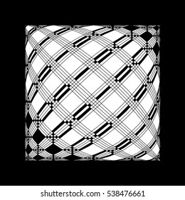 Delusional abstract pattern in black and white. The Illusory effect of three-dimensional object in the plane. Lines and squares with magic curls.