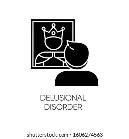 Delusional disorder glyph icon. Man in mirror reflection. Bizzare and false beliefs. Optical delusion. Megalomania. . Mental illness. Silhouette symbol. Negative space. Vector isolated illustration