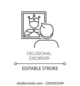 Delusional disorder linear icon. Man in mirror reflection. Bizzare beliefs. Megalomania. Mental illness. Thin line illustration. Contour symbol. Vector isolated outline drawing. Editable stroke