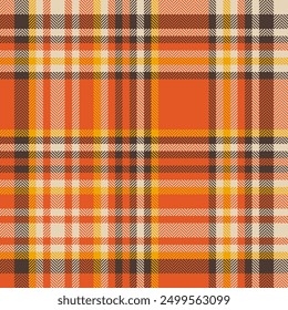 Deluxe check texture seamless, asymmetric background pattern tartan. Vichy vector textile fabric plaid in orange and light colors palette.