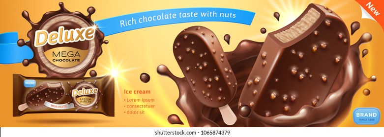 Deluxe chocolate ice cream bar ads. Premium ice bar in chocolate splash with glaze and crunchy nuts isolated on warm background. Packing and label design. Vector realistic 3d illustration.