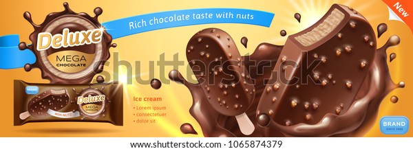 デラックスチョコレートアイスクリームバー広告 温かい背景にチョコレートをはねたプレミアムアイスバーに釉薬とカリカリのナッツ 梱包とラベルのデザイン ベクター画像のリアルな3dイラスト のベクター画像素材 ロイヤリティフリー
