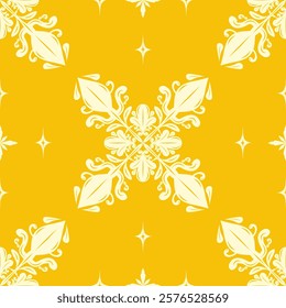 Deluxe Fleur de lis Flawless Florals Golden Cross Buds Lily Seamless Pattern. Yellow Background Elegance Traditional Victorian Silk Embroidery Decoration for Luxury interior Fabrics Vintage Fashion