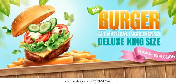 Deluxe king size burger ads with tasty toppings and french fries on nature outdoor background in 3d illustration