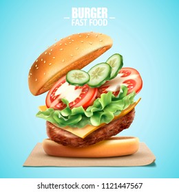 Deluxe king size burger with tasty toppings in 3d illustration, fast food design element on blue background