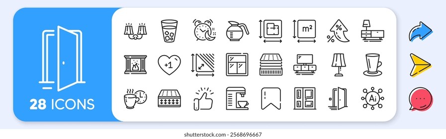 Deluxe mattress, Ice tea and Square area line icons. Interest rate, AI generate, Inflation icons. Pack of Table lamp, Coffeepot, Door icon. Floor plan, Coffee break, Sconce light pictogram. Vector