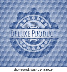 Deluxe Product blue emblem with geometric pattern.