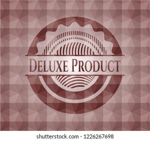 Deluxe Product red emblem or badge with geometric pattern background. Seamless.