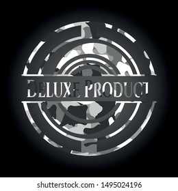 Deluxe Product written on a grey camouflage texture