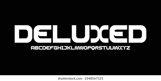 Deluxed sans serif font for automotive, industrial, sport, esports, fashion and technological industries. Modern typeface, elegant semibold alphabet for logo, lettering, and headline. Vector typograph