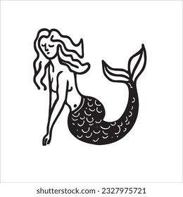 Delve into the enchanting realm of this mermaid vector doodle, where fantasy and beauty collide. Embrace your inner magic and let your imagination swim freely. Monochrome illustration.