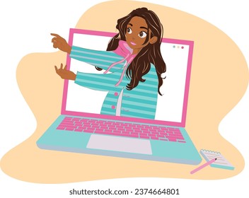 Delve into the fusion of the digital and tangible worlds with our mesmerizing depiction of a girl in a hoodie stepping out from a laptop screen.