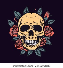 Delve into the intricate beauty of a skull head encircled by a lush assortment of vibrant flowers and delicate leaves, an artistic representation of the cycle of nature
