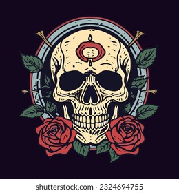 Delve into the intricate beauty of a skull head encircled by a lush assortment of vibrant flowers and delicate leaves, an artistic representation of the cycle of nature